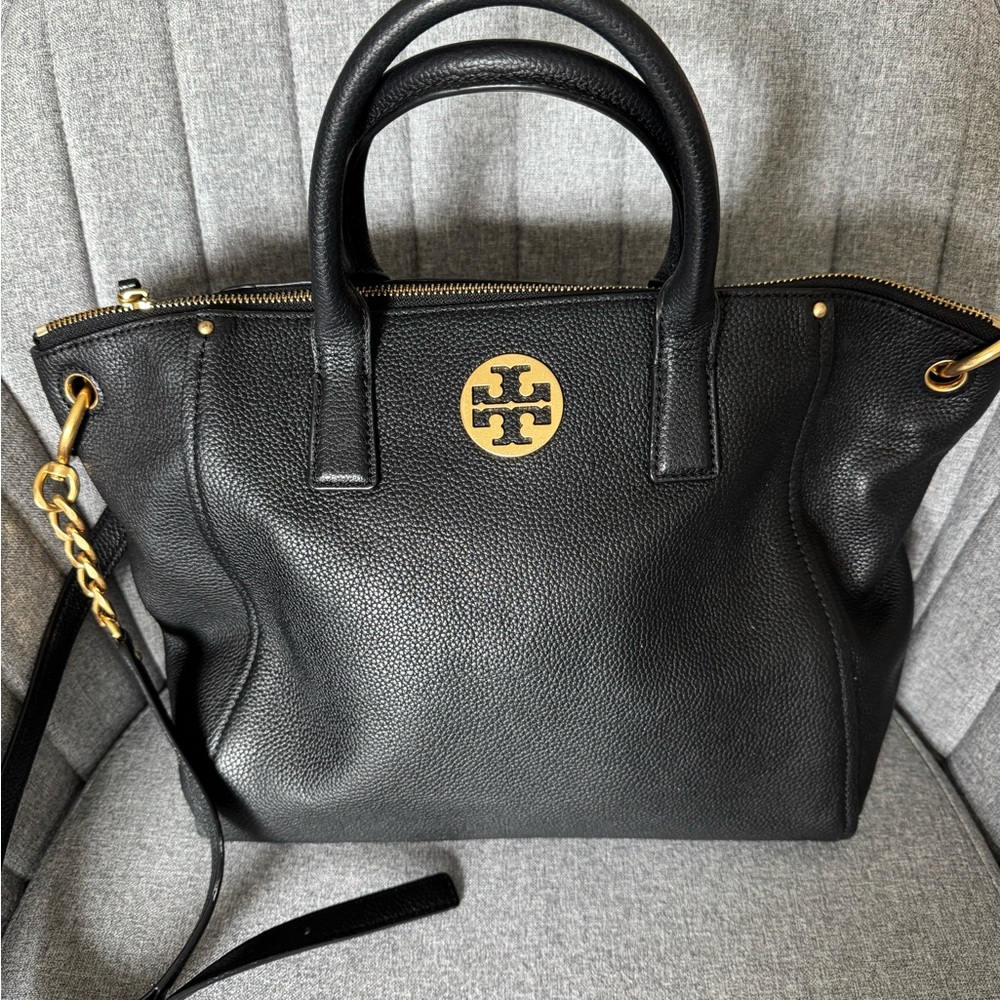 Tory Burch Black and Gold Satchel with Signature Medallion